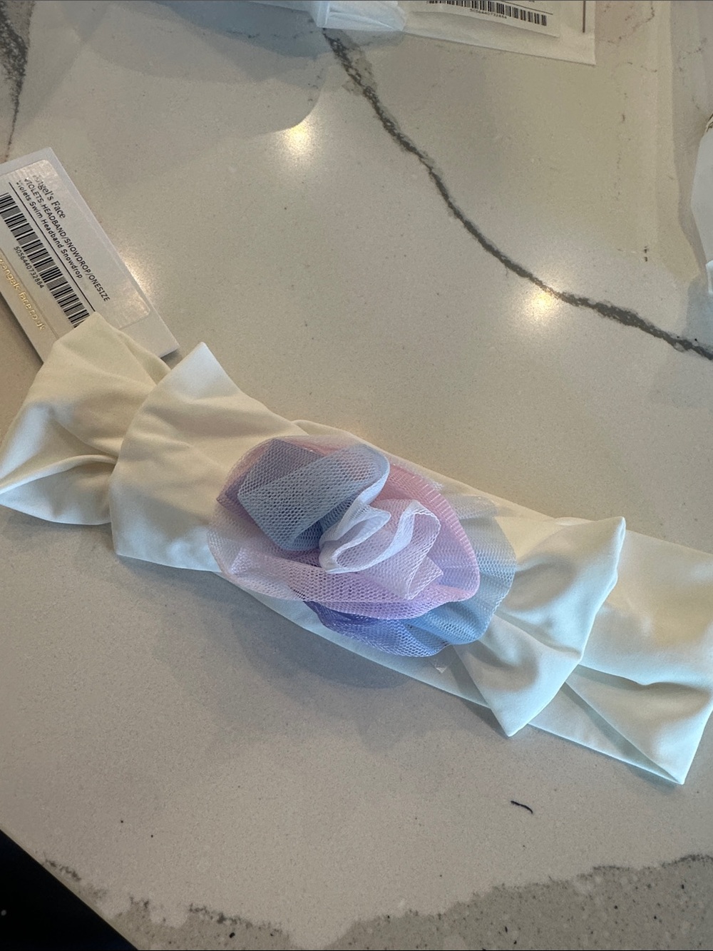 White Headband with Pastel Mesh Flower Accent